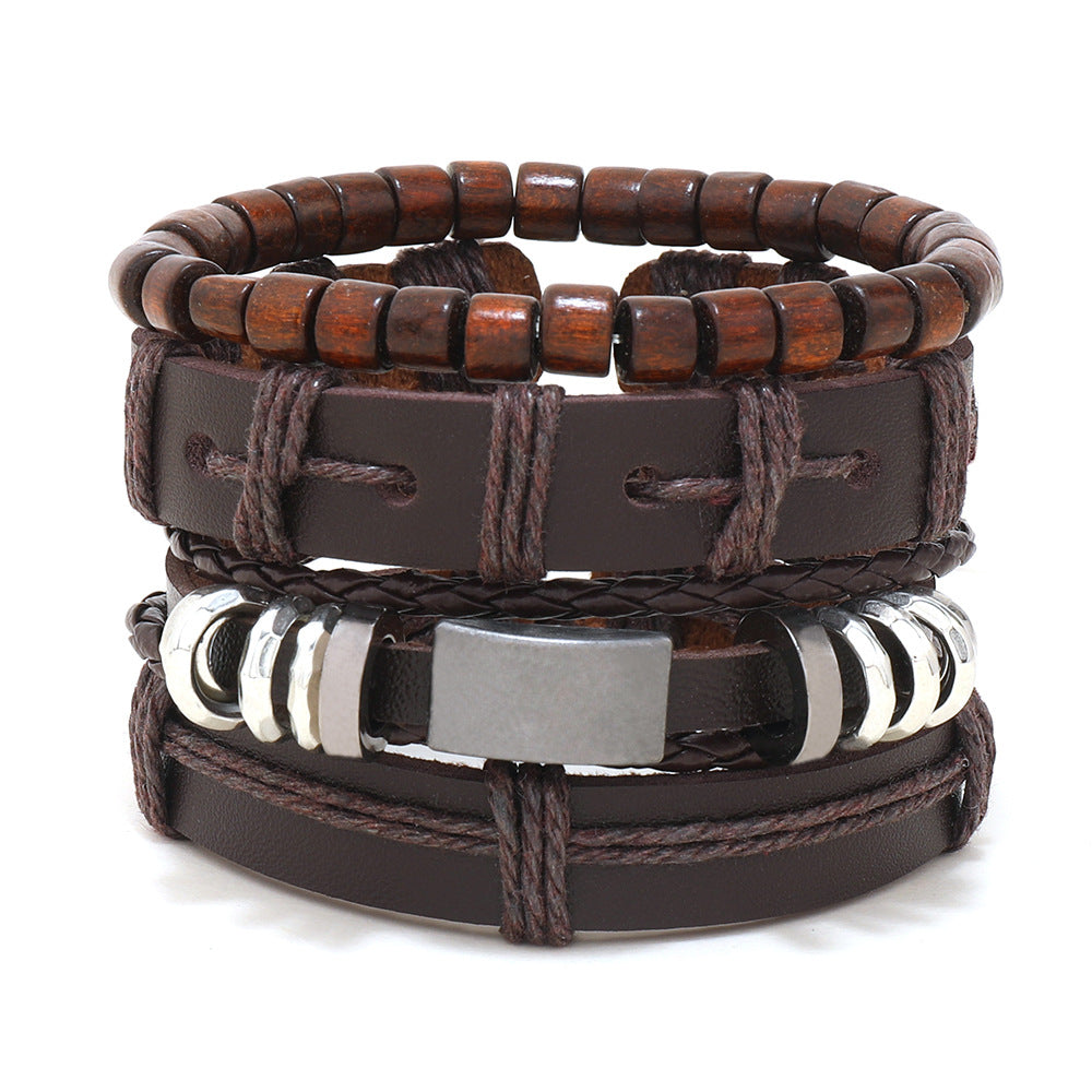 Wholesale Vintage Multilayer Alloy Wood Bead Leather Bracelet